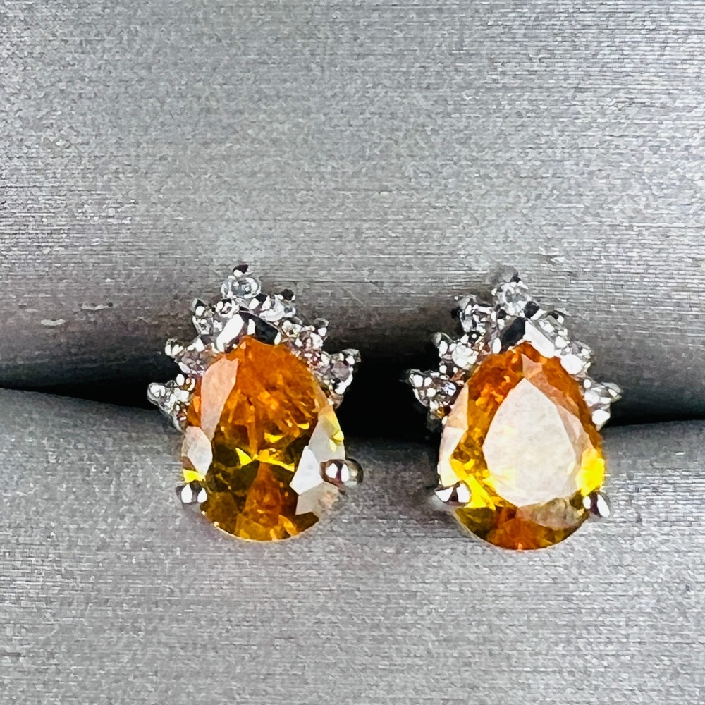 Silver Tone Stud Earrings Pear Cut Yellow Crystal‎ Halo Clear Accent Stones